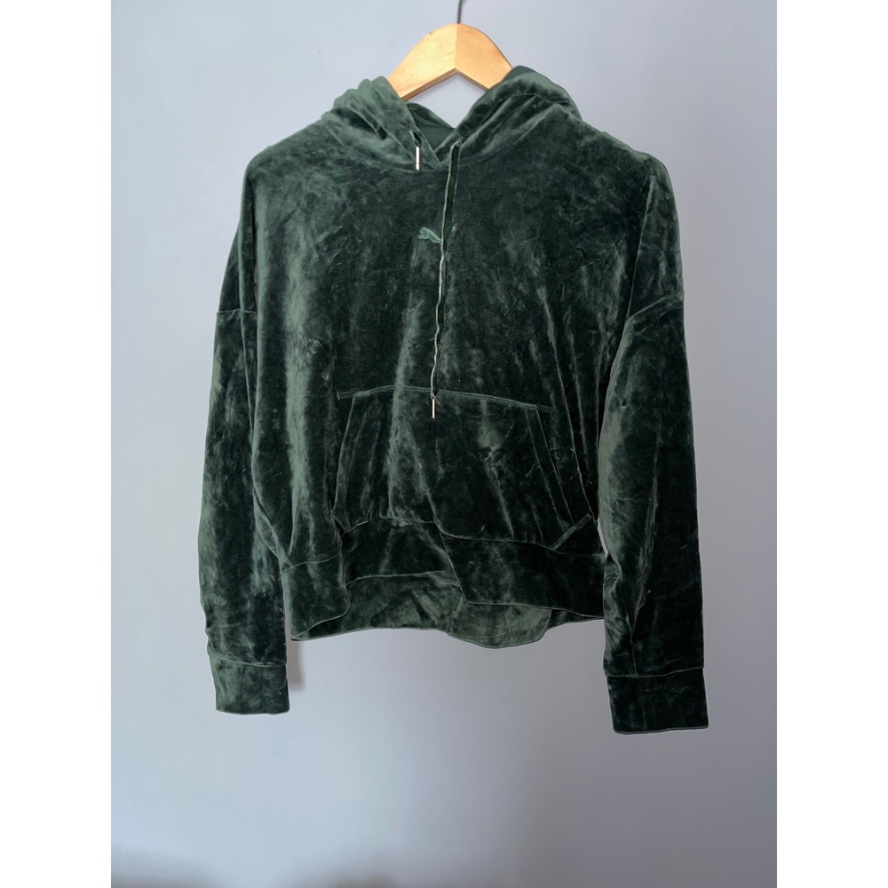 Puma Velvet Hoodie Pullover Drawstring Kangaroo Pocket Olive Green Soft Comfy